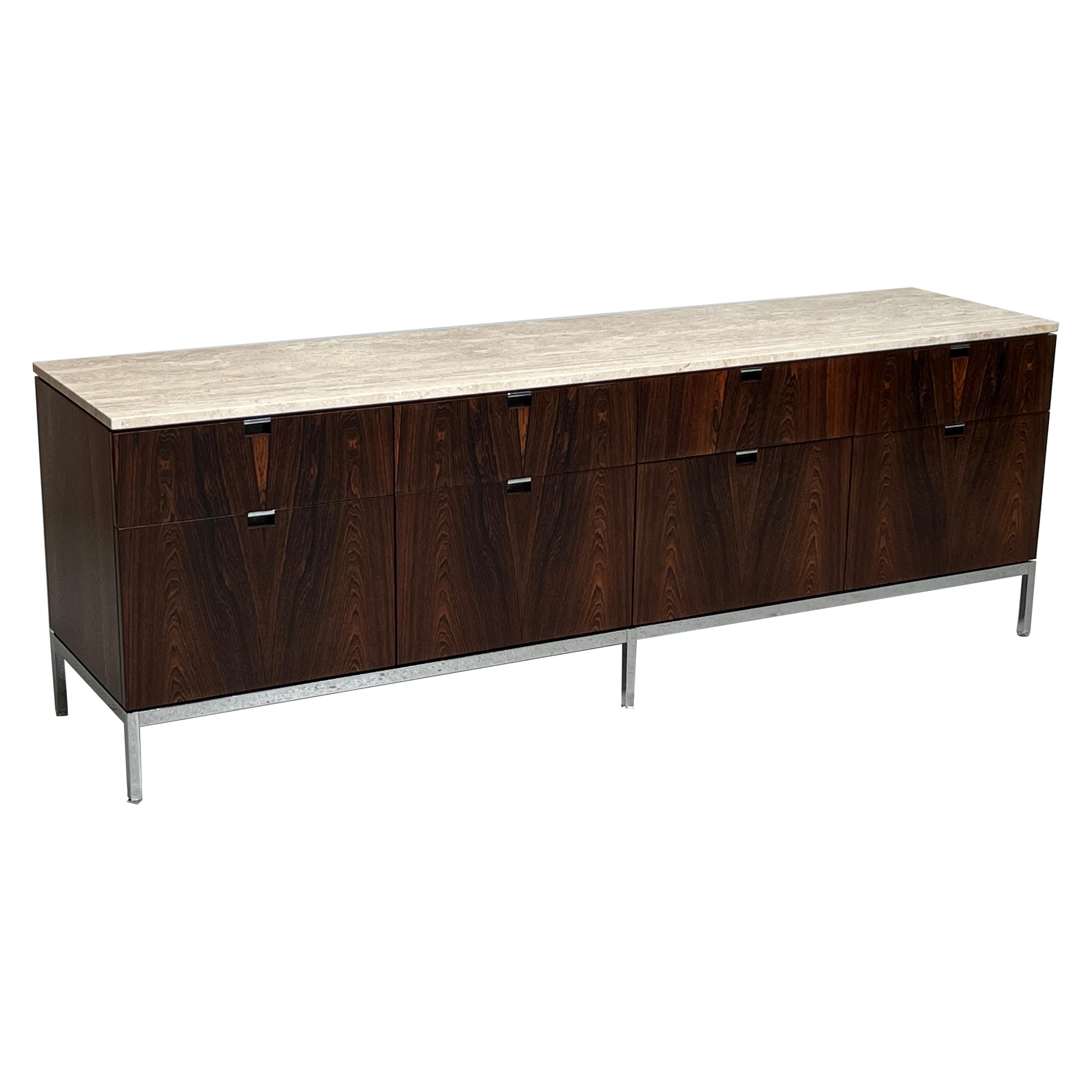 Florence Knoll Rosewood and Travertine Credenza  For Sale