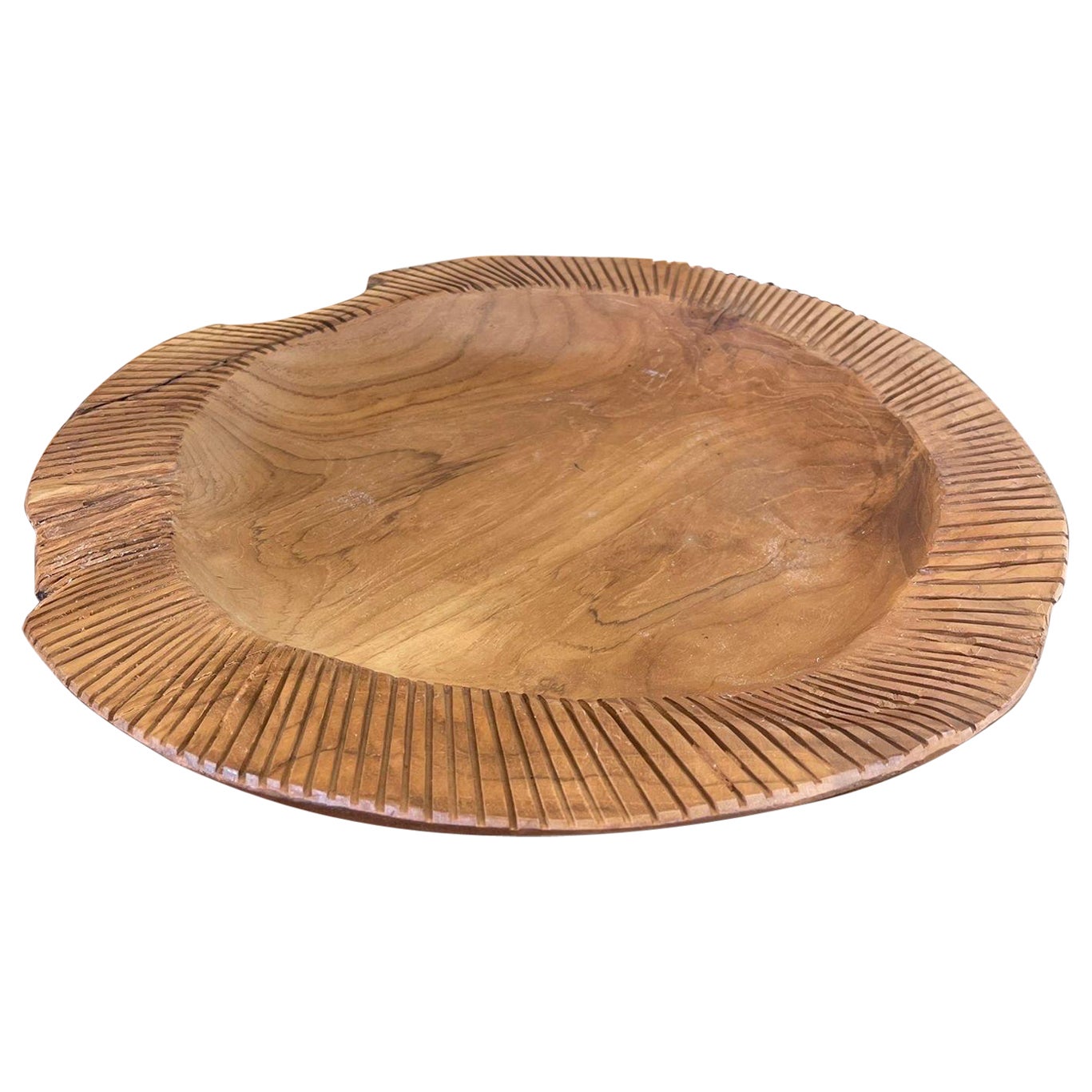 Vintage Wooden Platter Stripe Designed Edge Splits Consistant with Age For Sale