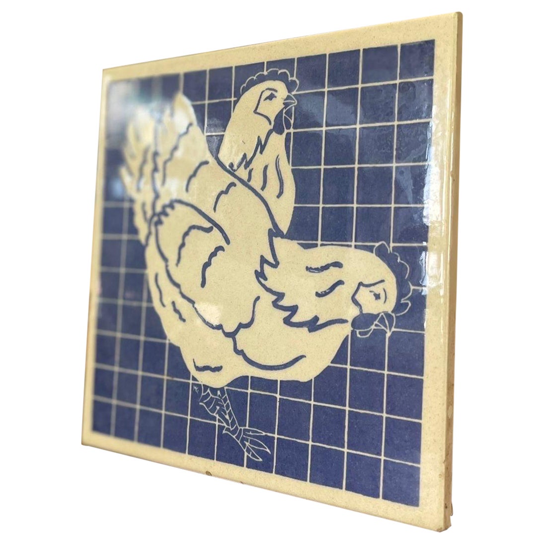 Vintage Blue Rooster Tile Coaster Motif Dish Unique  Art Decor