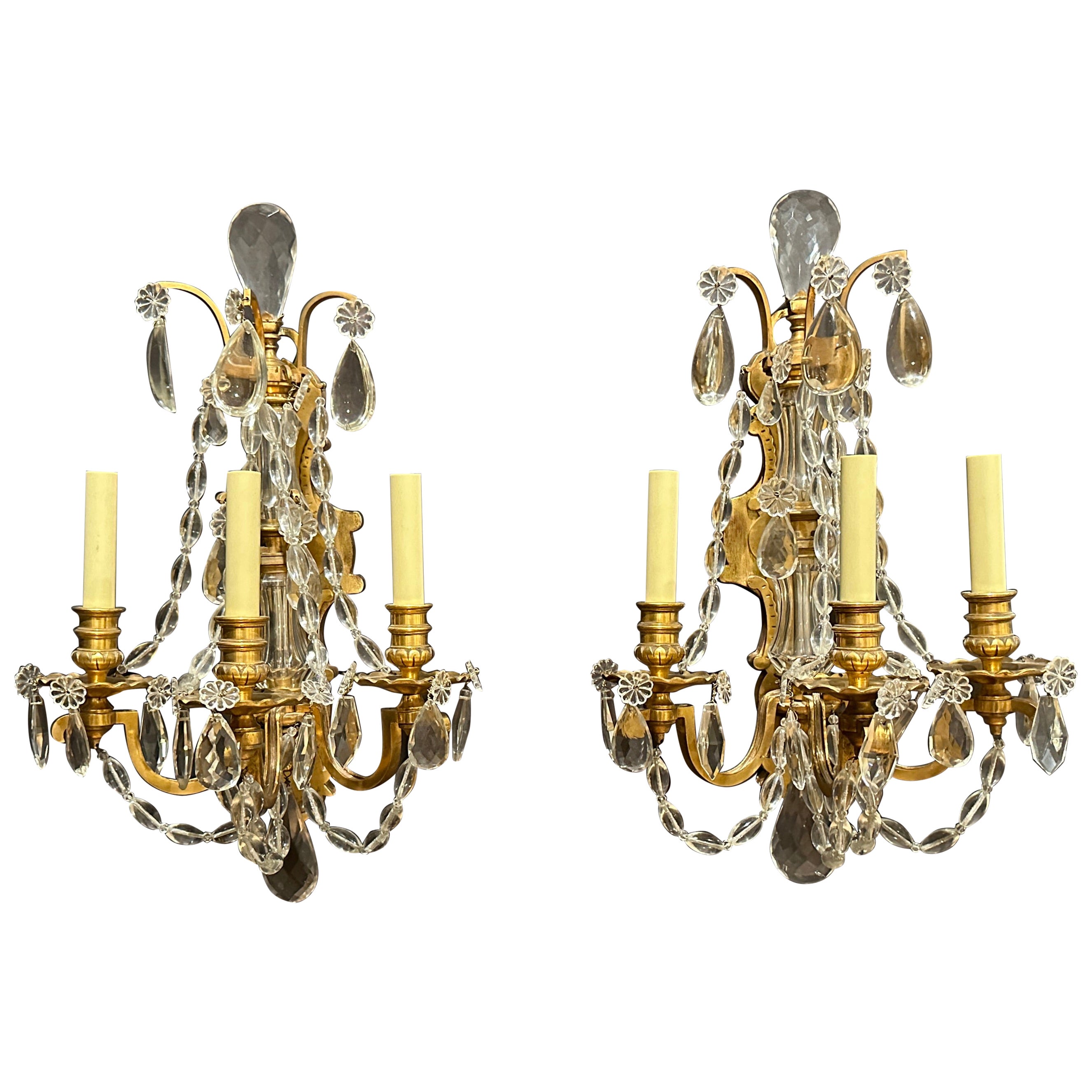 Pair Of Gilt Bronze And Crystal Sconces For Sale