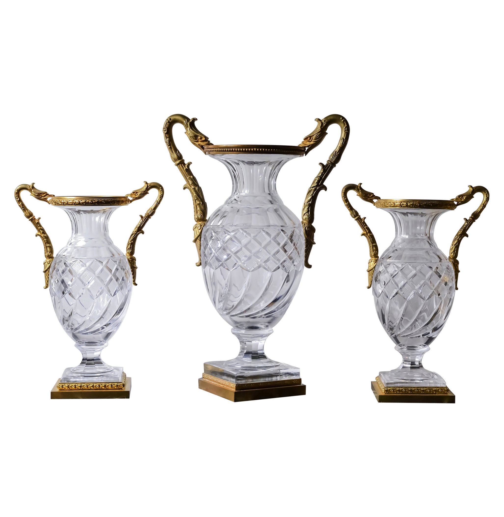 Baccarat Empire Cut Crystal Glass Vases w Gilt Bronze Griffon Heads 19th century For Sale