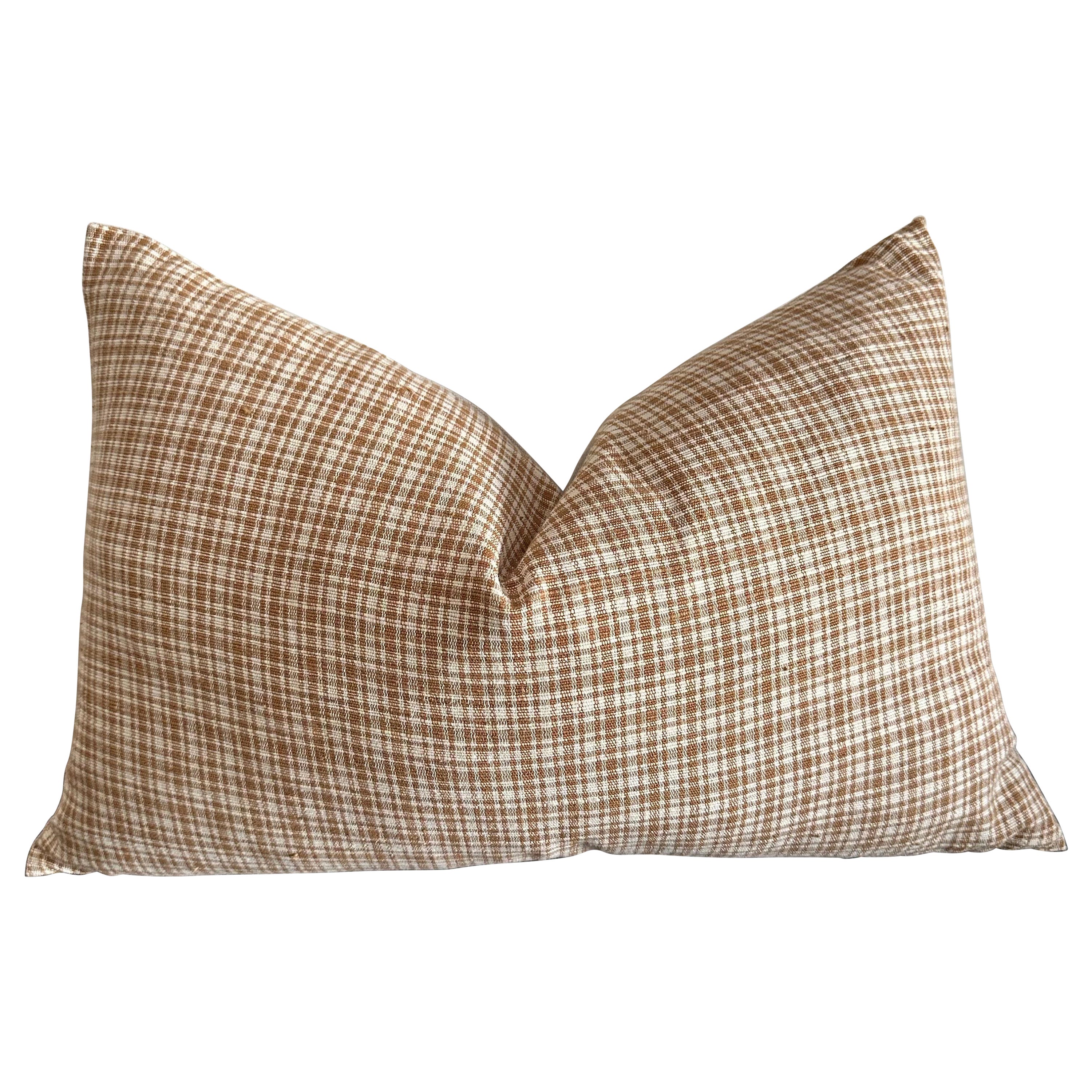 Tiburon Woven Brown Plaid Lumbar Pillow With Down Feather Insert For Sale