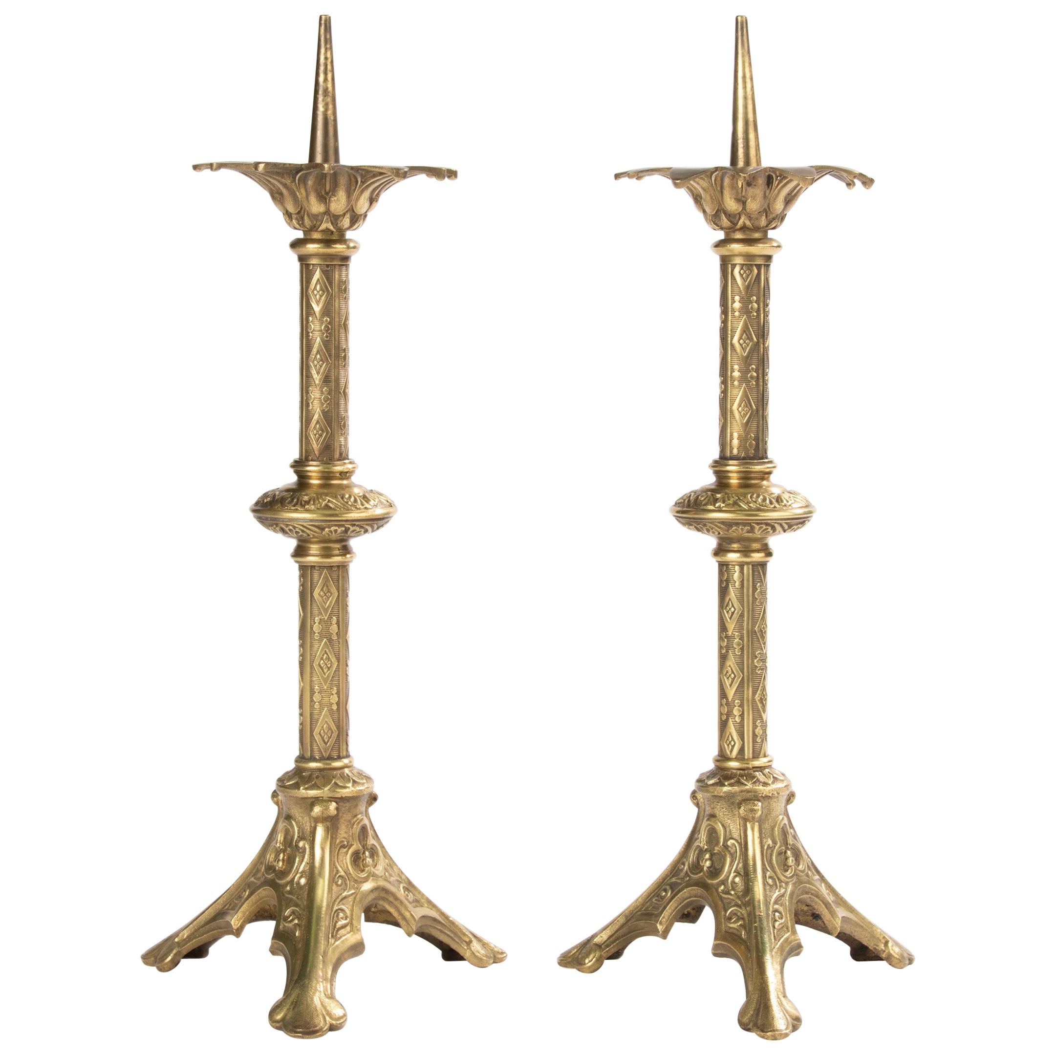 A Pair of Antique Bronze Gothic Style Candlesticks 