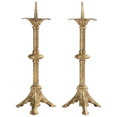 A Pair of Antique Bronze Gothic Style Candlesticks 