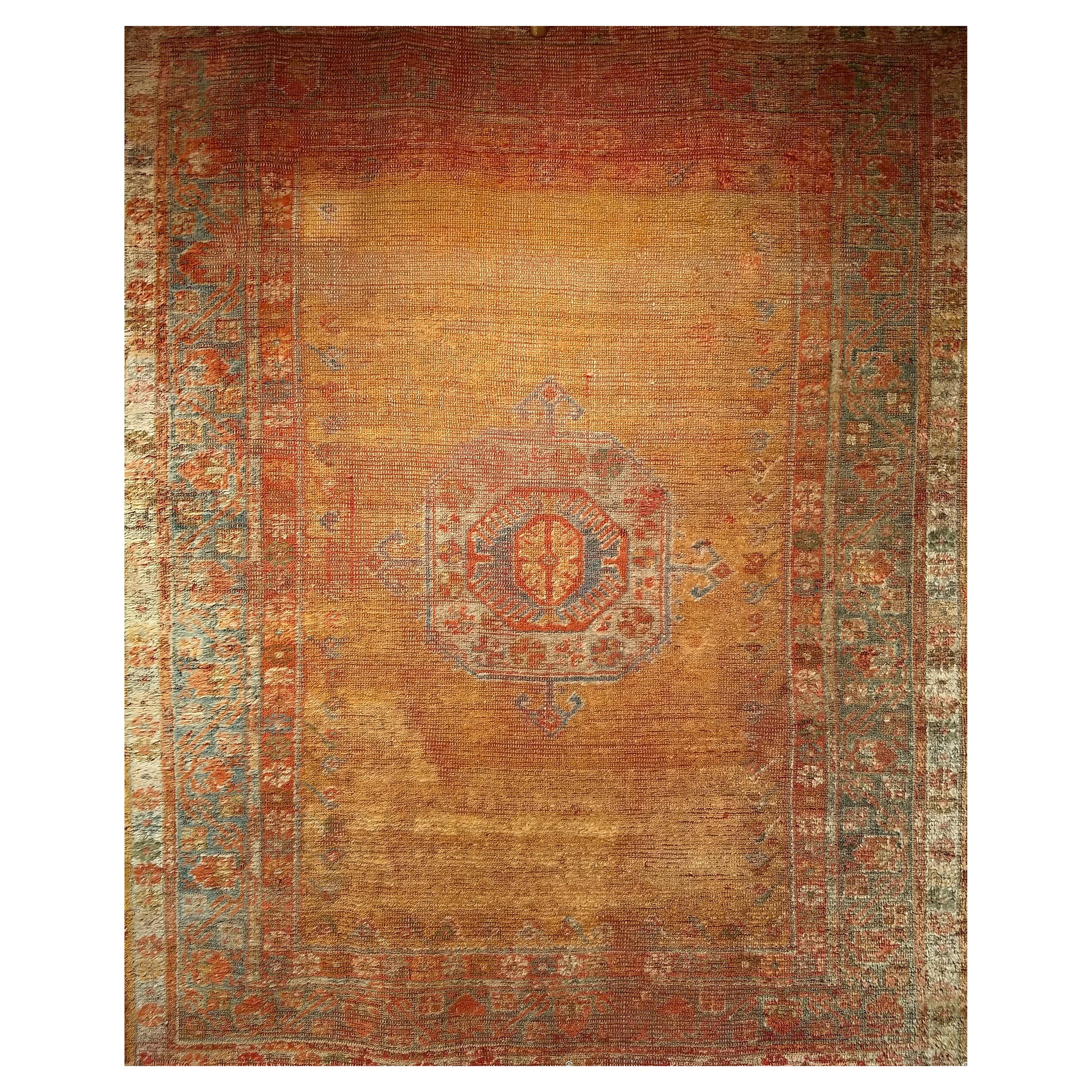 Late 19th Century Turkish Oushak Area Rug in Mamluk Pattern in Saffron, Teal