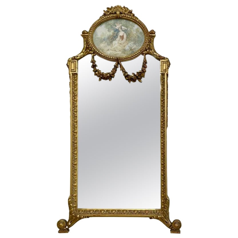 Miroir mural/console en bois doré de style néoclassique français avec œuvre d'art ovale en vente