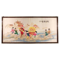 20th Century Silk and Tissue Vintage Chinese Landscape Figures Artwork, 1980