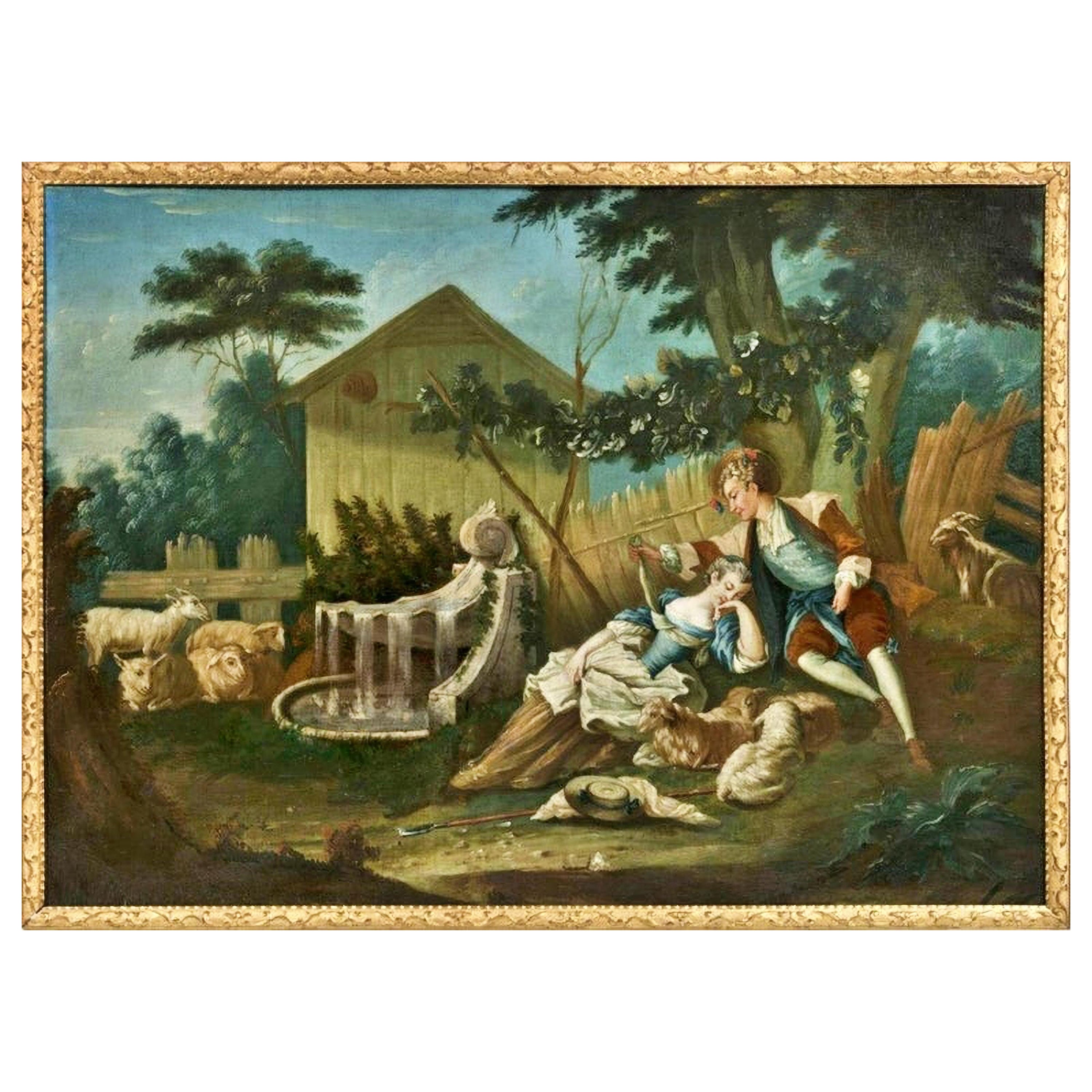 "Galant Scene" Oil on Canvas, French School, 18th Century For Sale