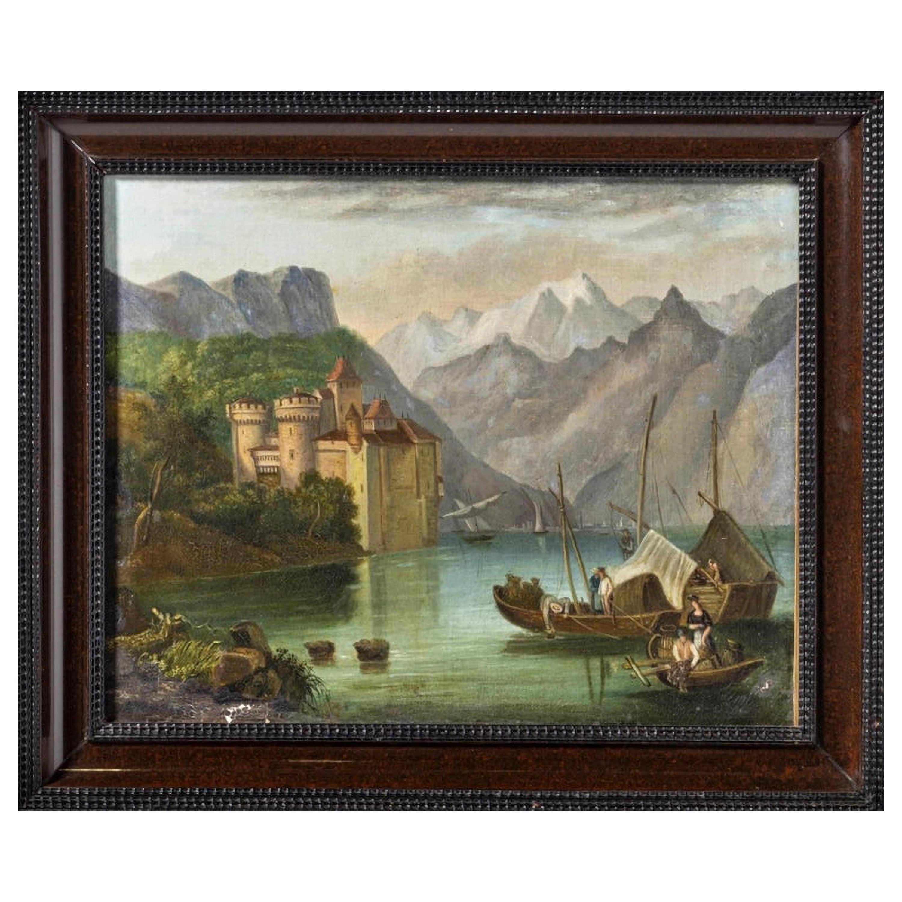 Paysage fluvial avec château et bateaux École européenne 19ème siècle en vente