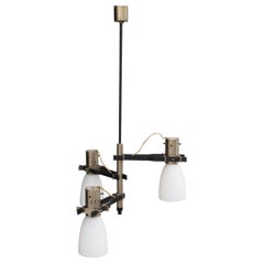 Italian Stilnovo chandelier in black and nickel-plated metal Satin glass bowls