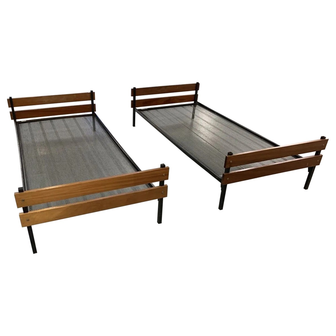 Pair Of "French Reconstruction" Beds In Teak And Metal Circa 1950/1960 For Sale