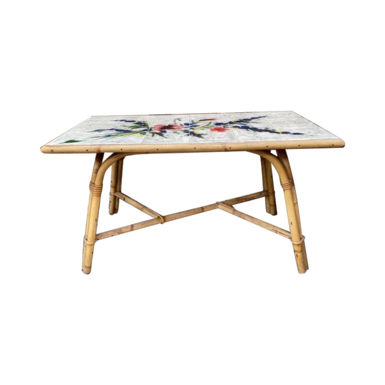 Mid-Century Rattan & Ceramic Tiles Coffee Table Adrien Audoux & Frida Minet For Sale