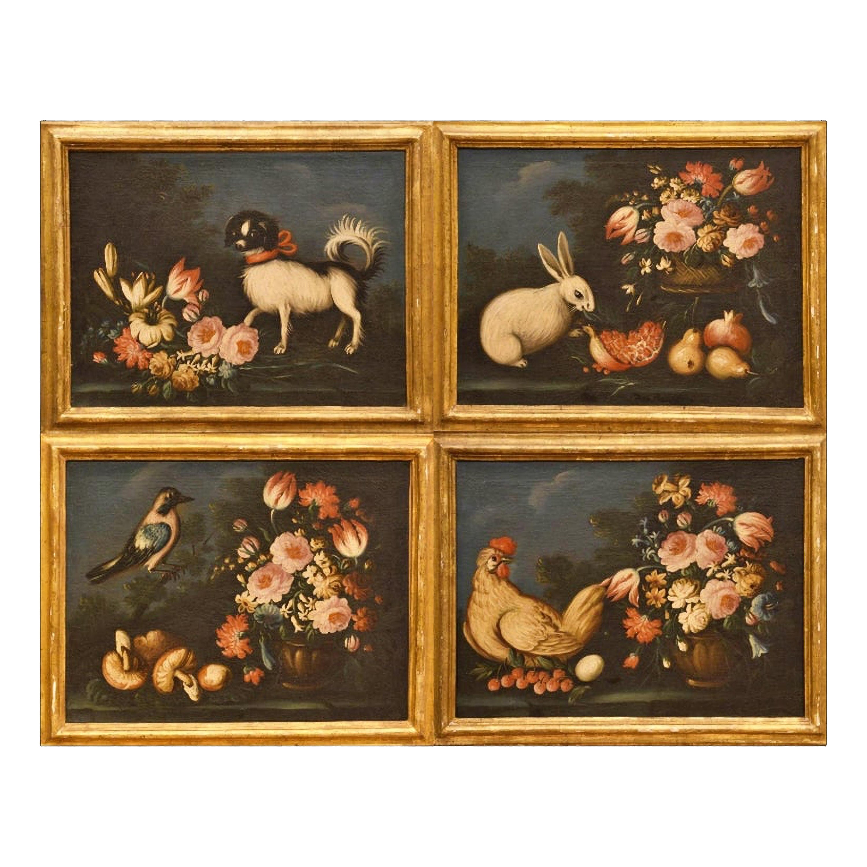 École Emilian - Italie 17ème siècle « Quatre natures mortes avec animaux et fleurs »