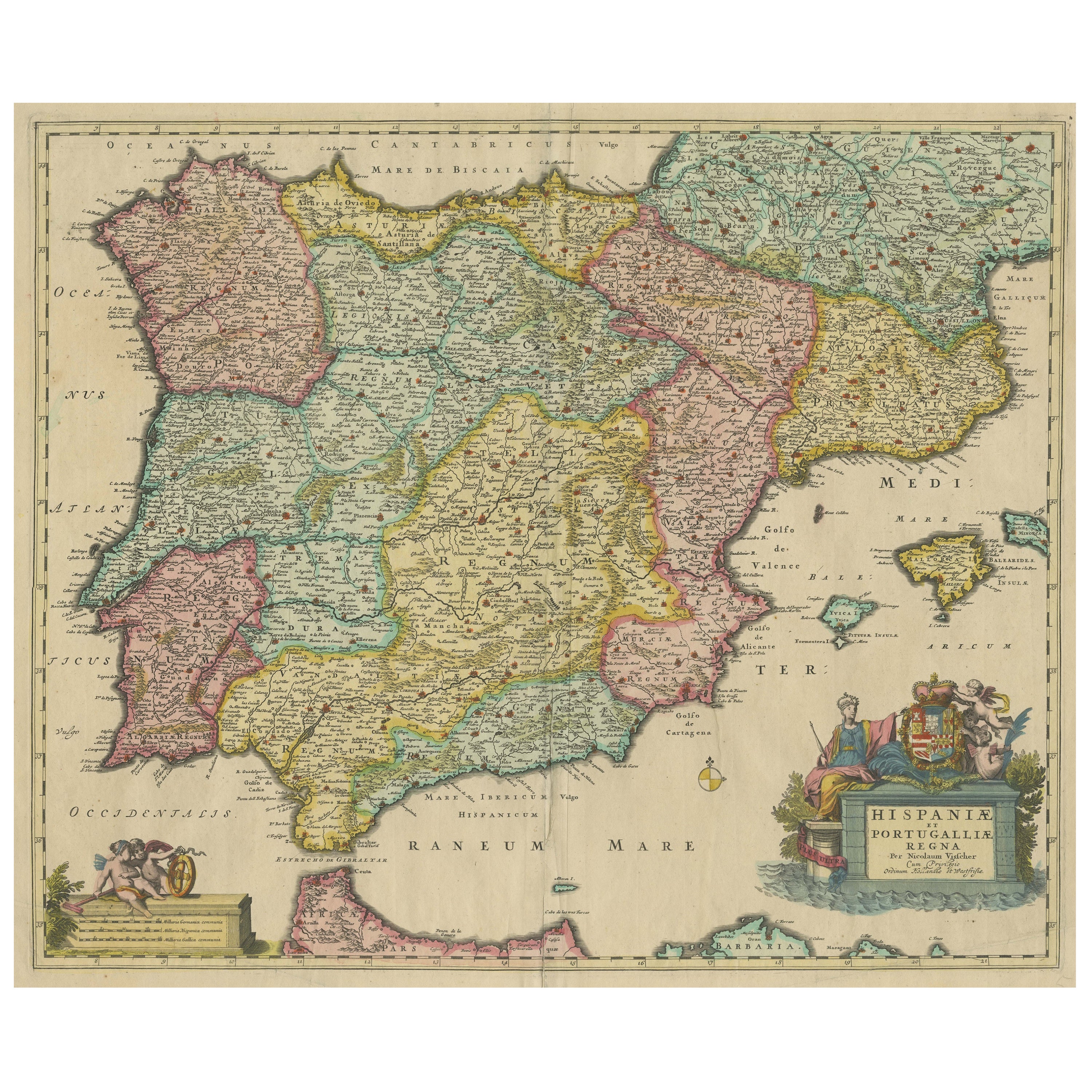 Antique Map of the Iberian Peninsula with two decorative Cartouches For Sale