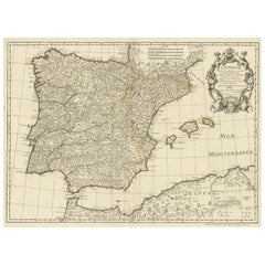 Antique  Large Decorative Map of the Iberian Peninsula