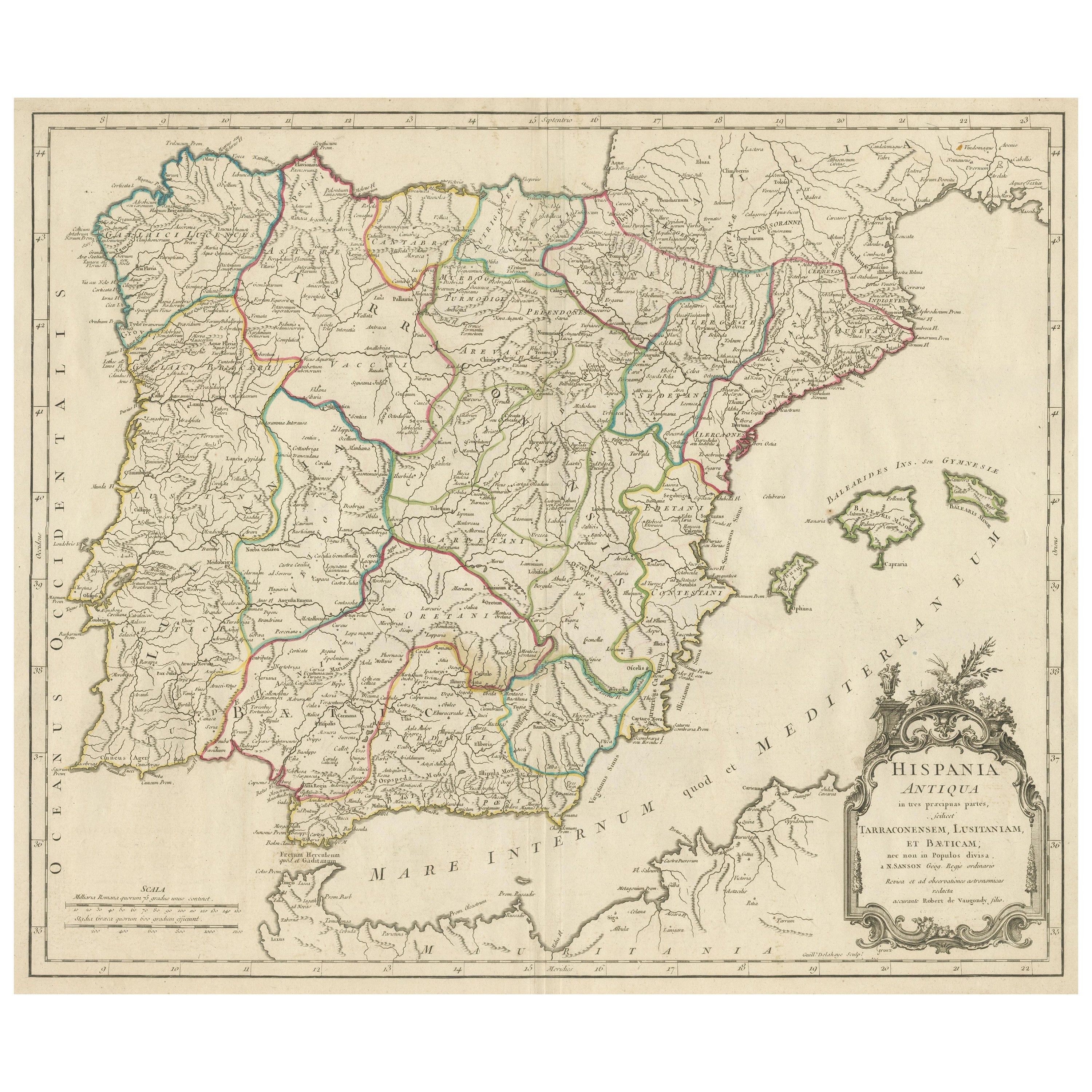 Large Antique Map of Ancient Spain and Portugal, Published in circa 1760 For Sale