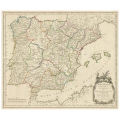 Grande carte ancienne de l'Espagne et du Portugal anciens, publiée vers 1760