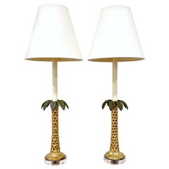 Pair of Enameled Brass & Lucite Palm Tree Lamps