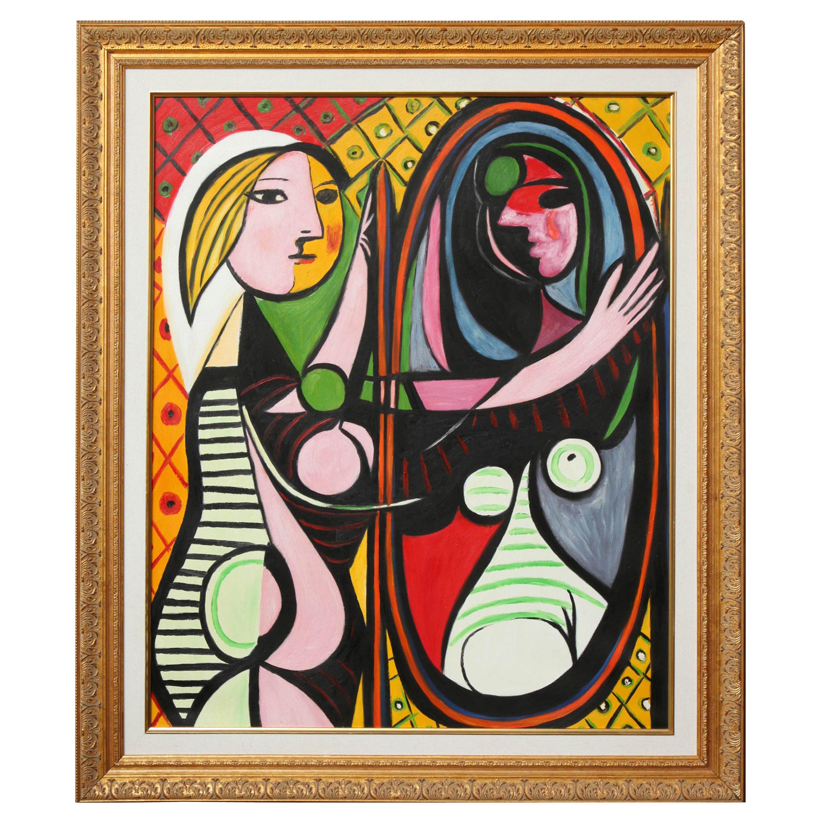 Painting, "Girl before a Mirror", Copy of Picasso, Gold Frame, Modern Art