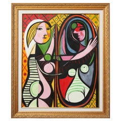 Painting, "Girl before a Mirror", Copy of Picasso, Gold Frame, New, Modern Art
