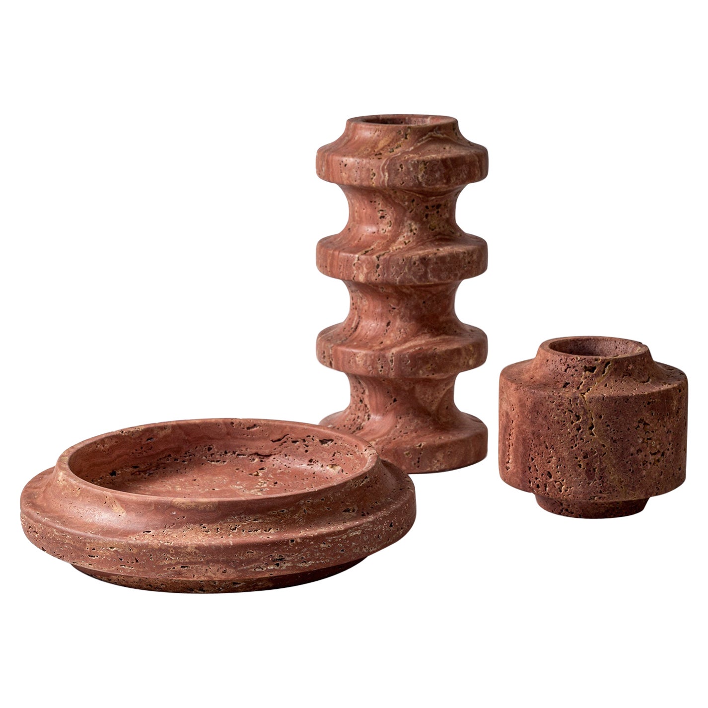 Set of 3 Red Travertine High Vase, Bowl and Pot by Etamorph For Sale