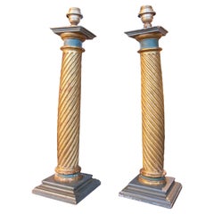 18th Century Pair of Table Lamps Made with Two Gilded Wooden Columns 