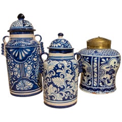 Set of Three mexican Ceramics in blue and white