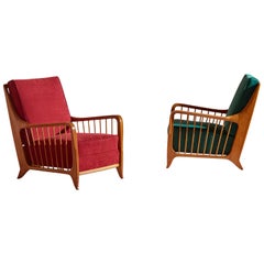 Retro Paolo Buffa pair of walnut and fabric armchairs model 118/f 