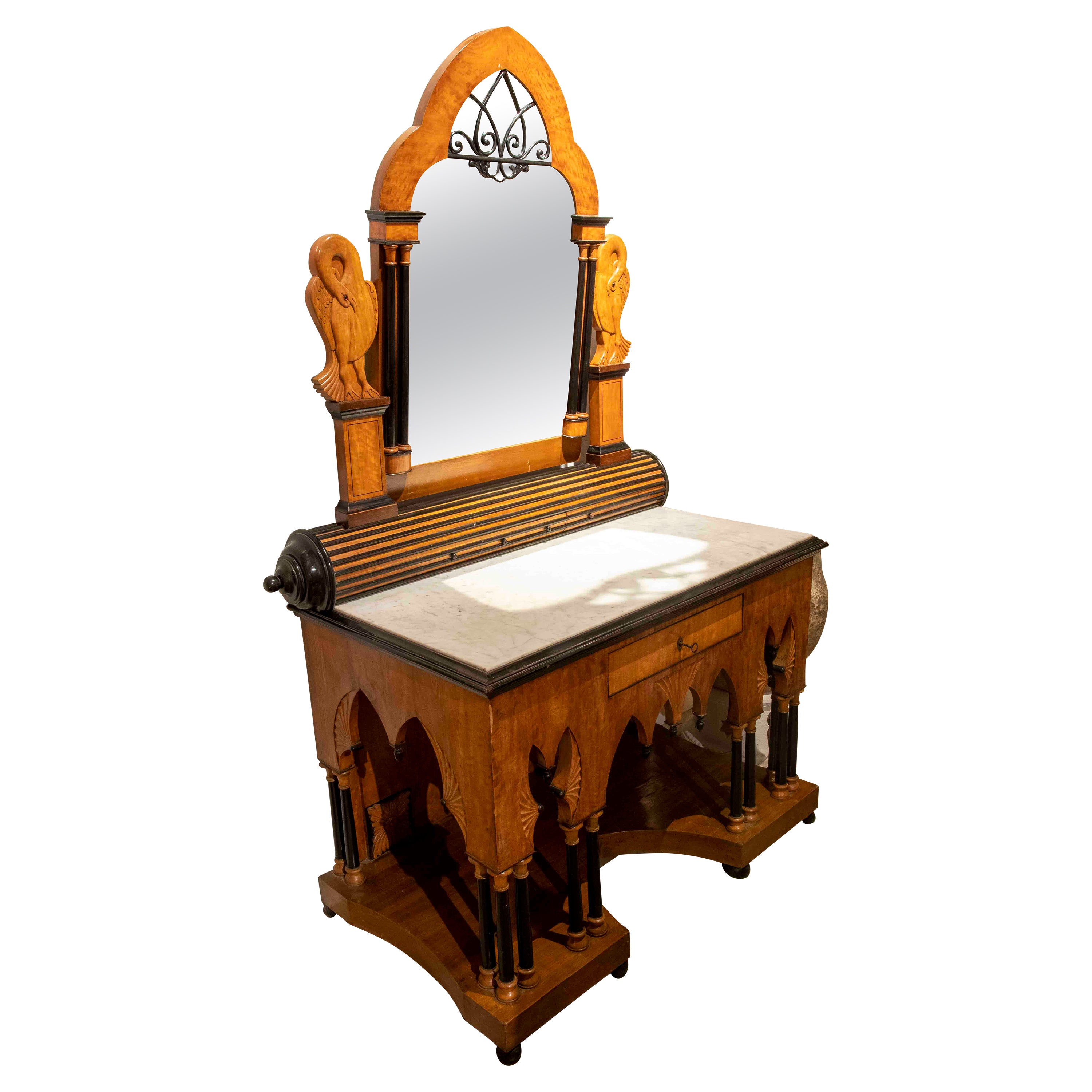 19th Century Mahogany Dressing Table with Swan and Mirror Decoration