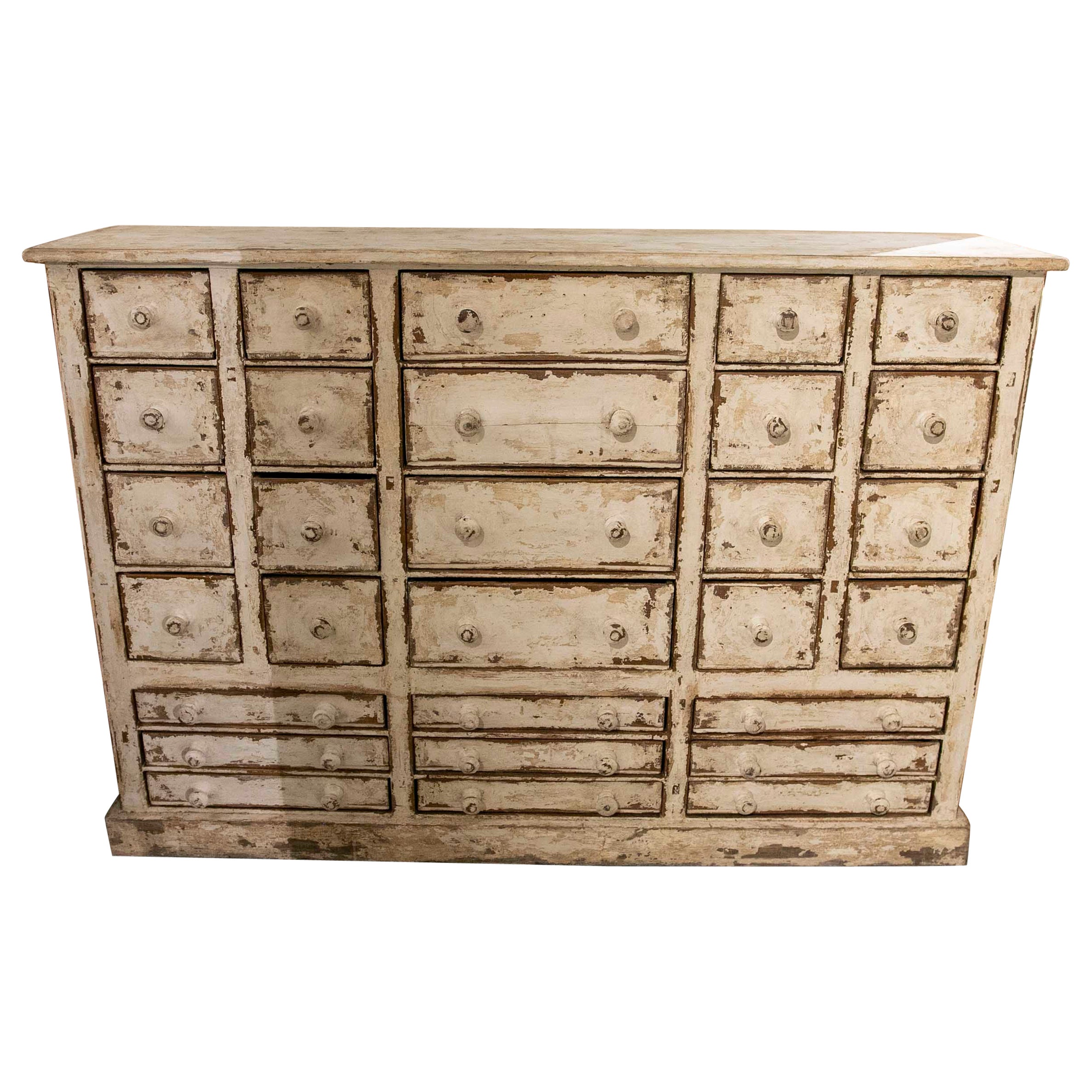 Antike weiße polychrome Holzkommode mit Schubkästen
