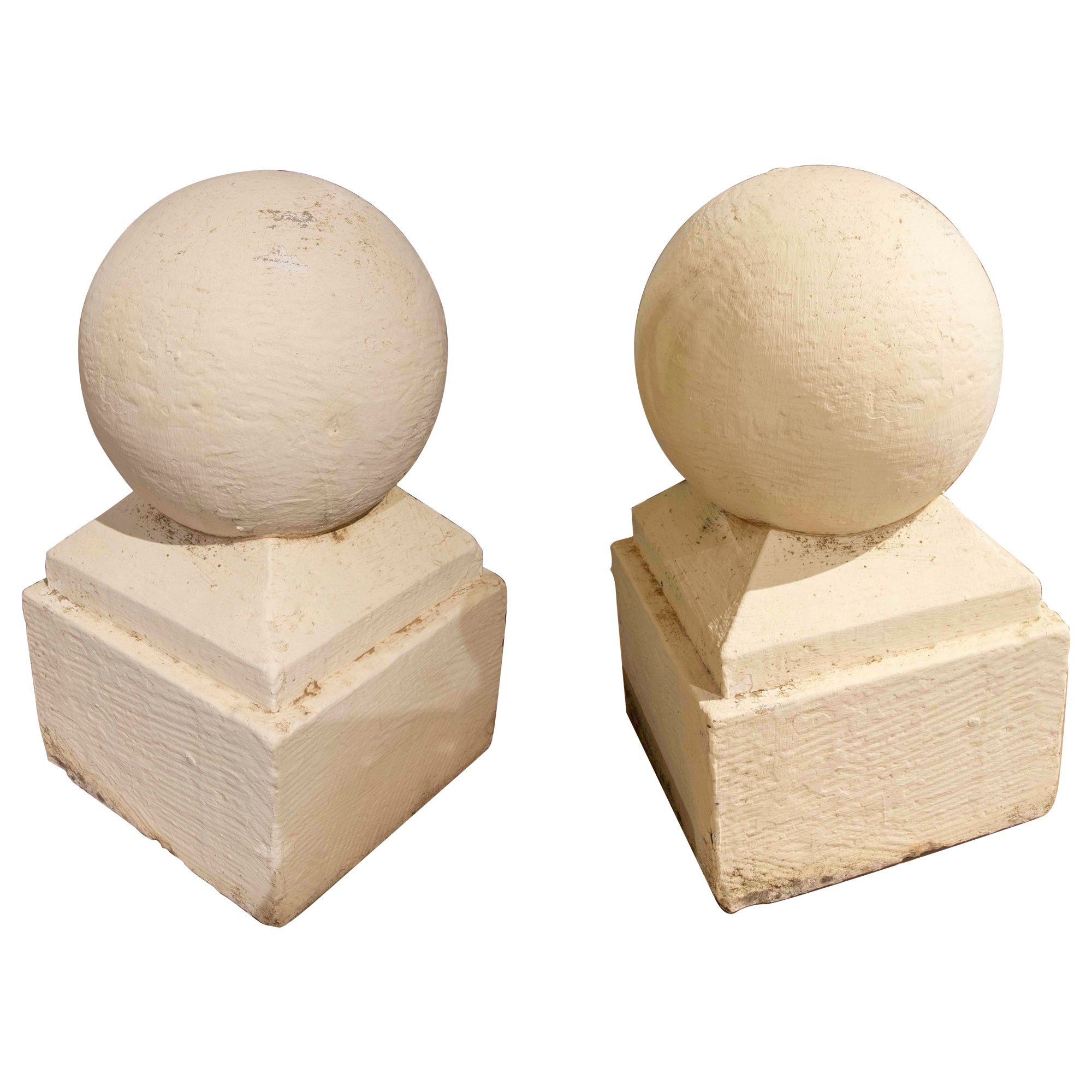 Pair of Whitewashed Ball-Shaped Cement Finials