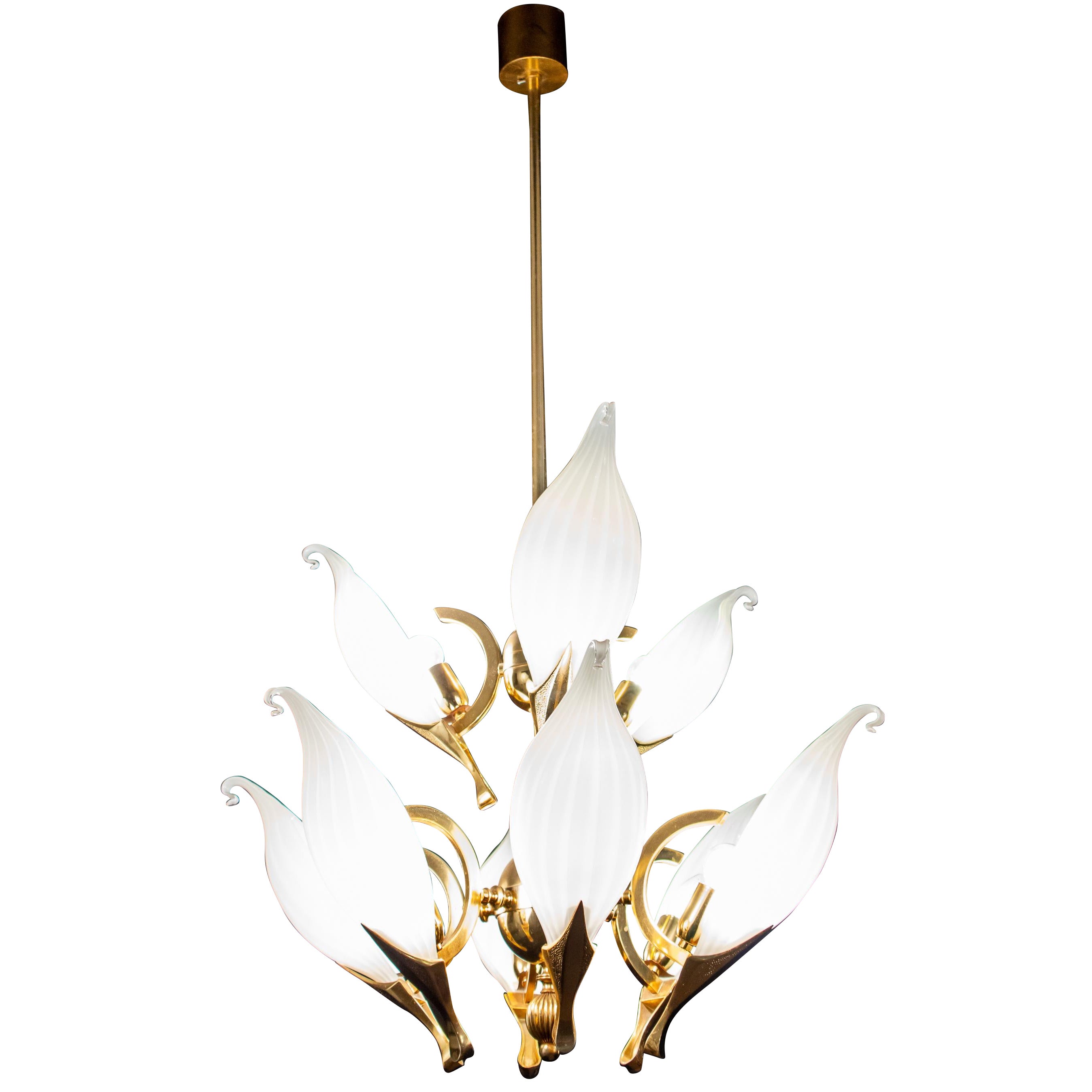 Fantastic Franco Luce for Seguso Murano Glass and Brass Chandelier, 1970s