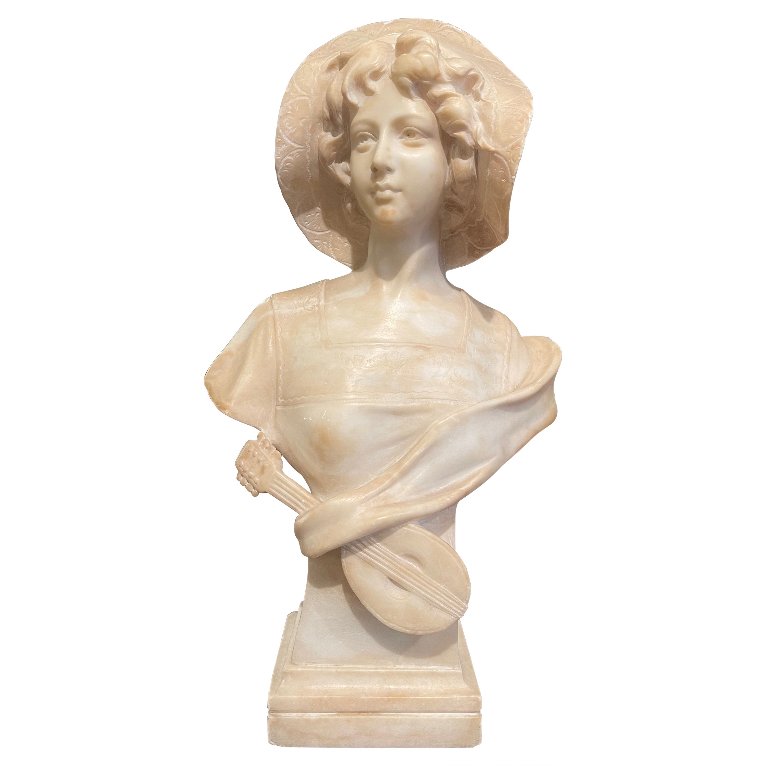 19th Century French Carved White Marble Bust of Young Beauty with Lute For Sale