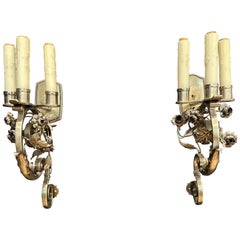 Pair Of Silvered Bronze Floral Form Wall Sconces