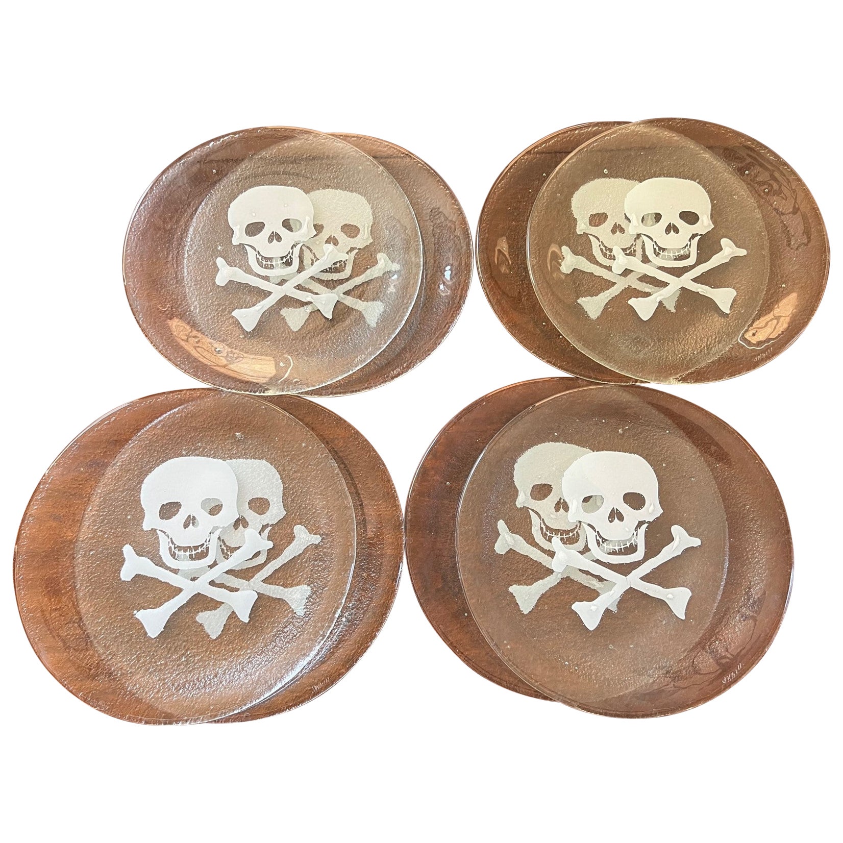 Late 20th C. Set of 8 Seeded Glass Dinner Plates with White Skull and Crossbones