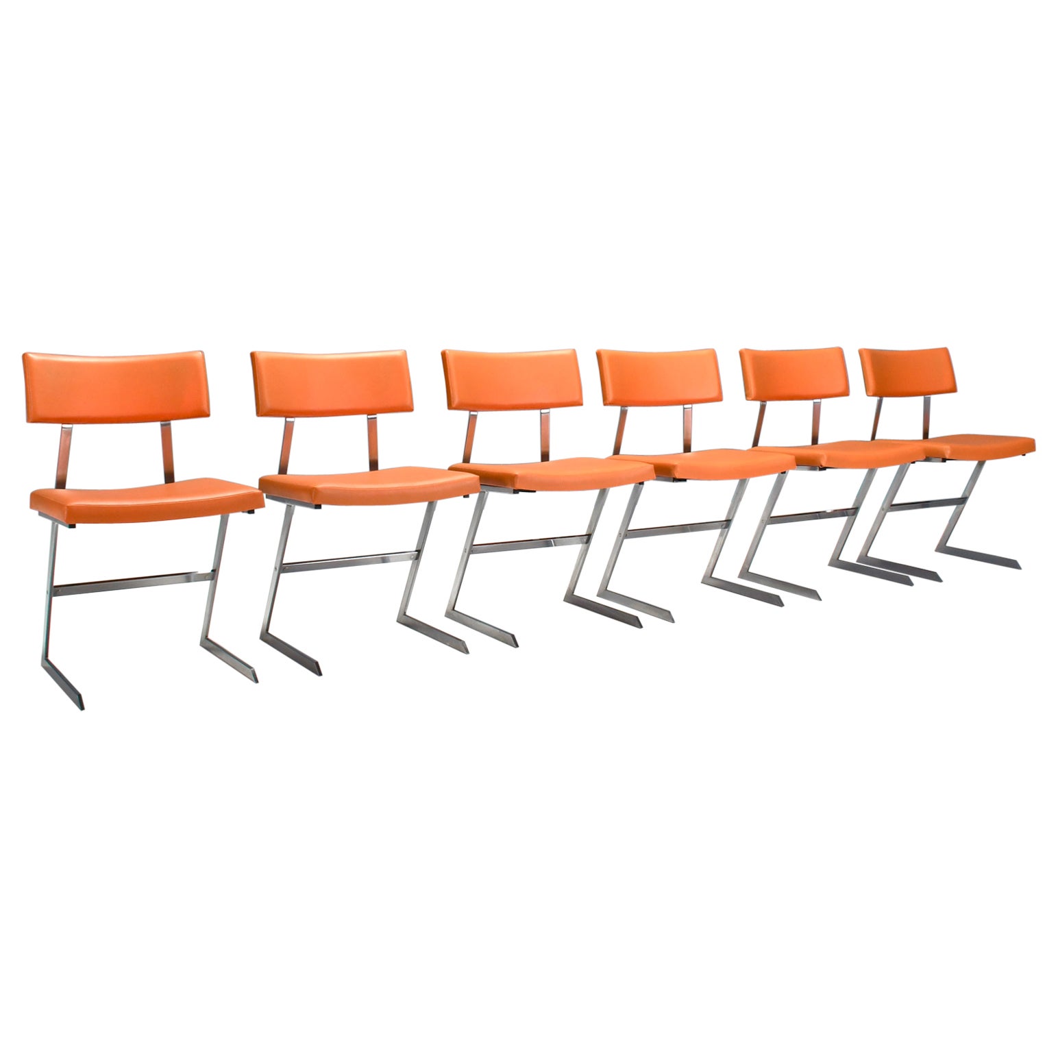 Set of Six ‘Zig Zag’ Chairs in Metal and Orange Leatherette, Belgium 1960s For Sale