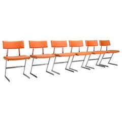 Set of Six ‘Zig Zag’ Chairs in Metal and Orange Leatherette, Belgium 1960s