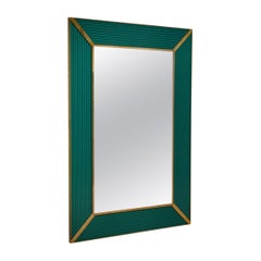 Murano Emerald Color Glass and Brass Mid-Century Consolle Wall Mirror, 2000