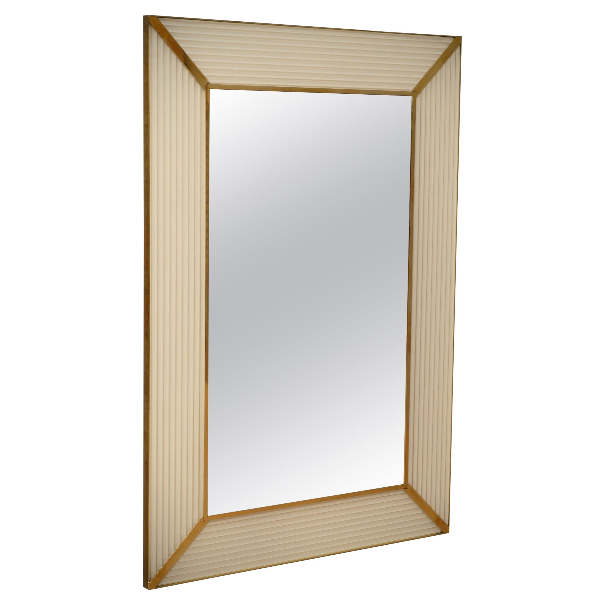 Murano Cream Color Glass and Brass Mid-Century Consolle Wall Mirror, 2000