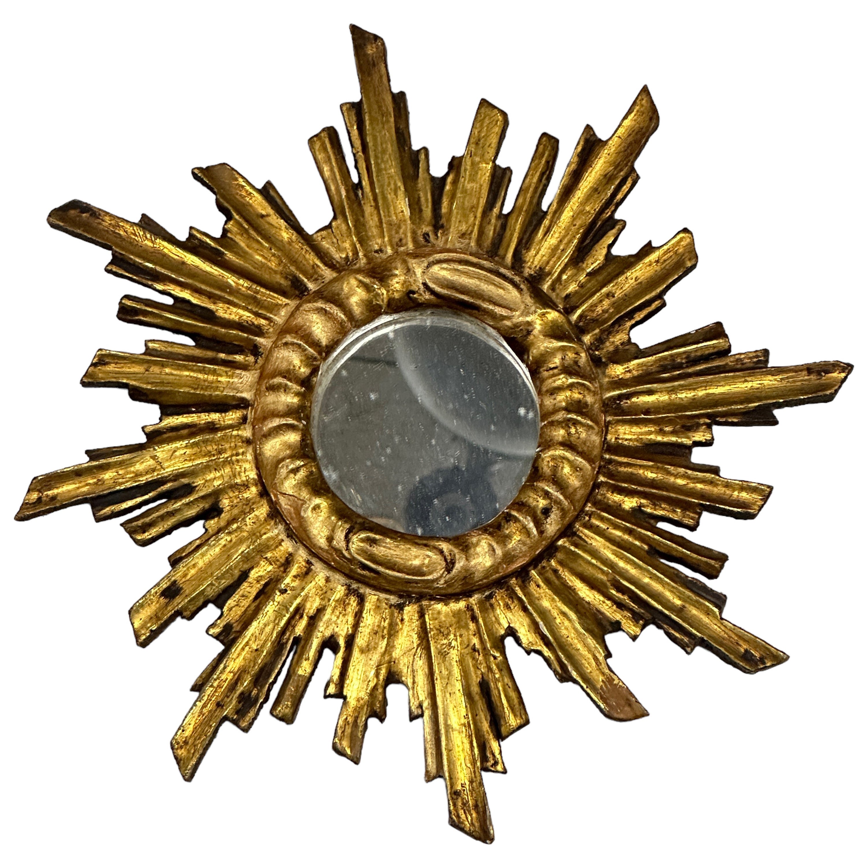 Petite Starburst Sunburst Gilded Wood Mirror, circa 1950s Spain