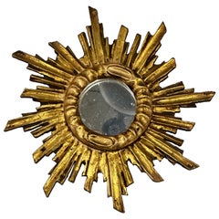 Petite Starburst Sunburst Gilded Wood Mirror, circa 1950s Spain