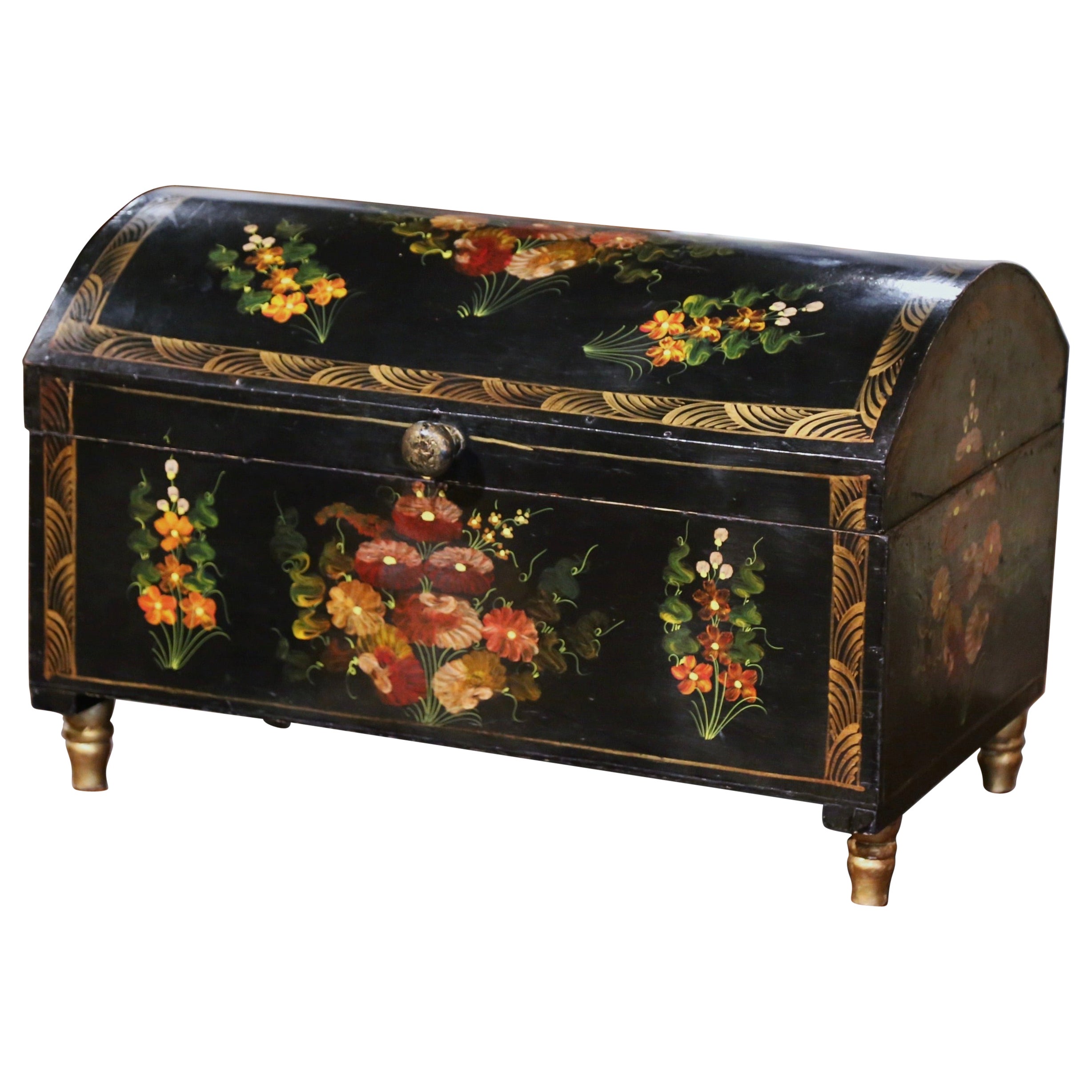 Early 20th Century Spanish Hand Painted Domed Wedding Box with Floral Motifs For Sale