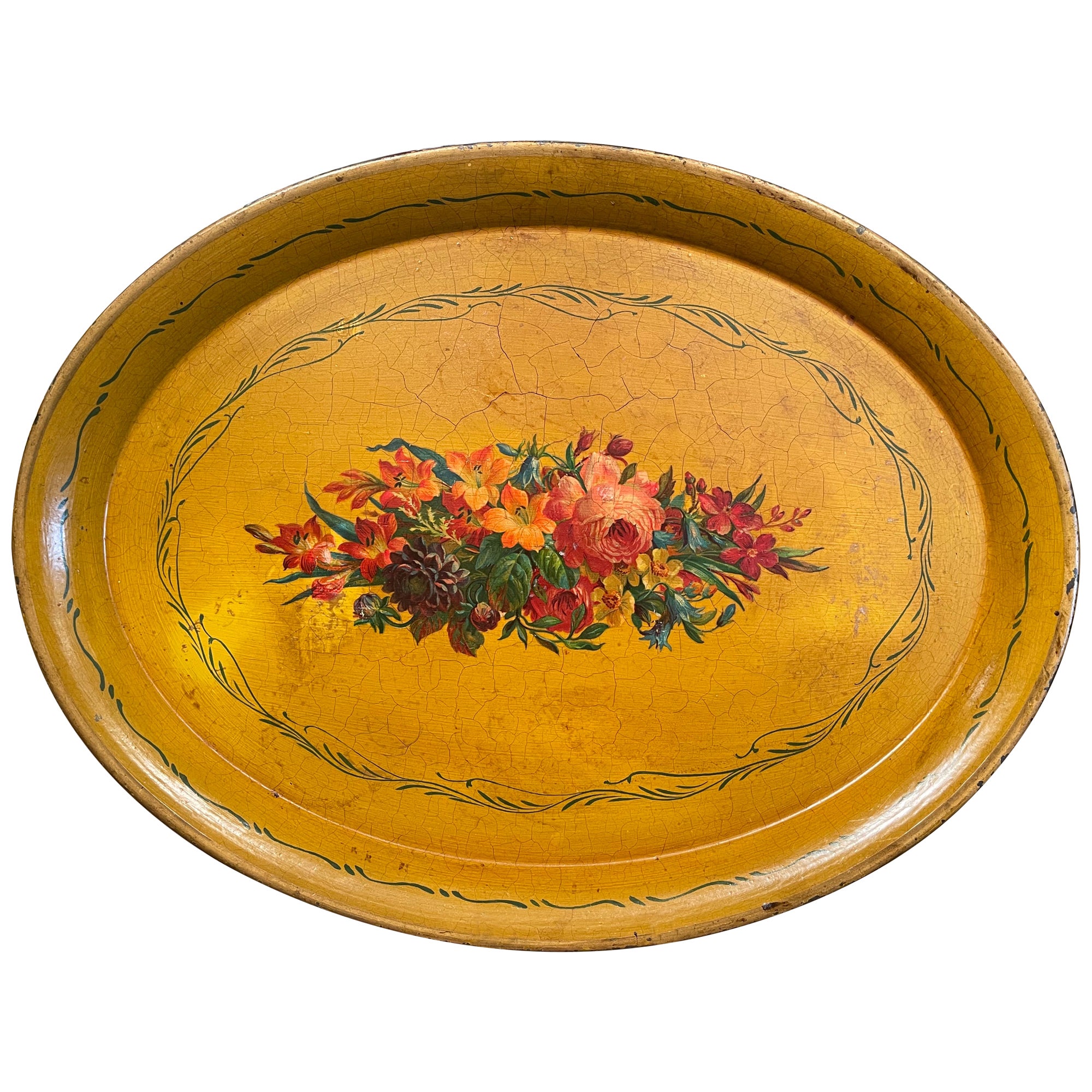 19th Century French Napoleon III Hand Painted Oval Tole Tray with Floral Motifs For Sale