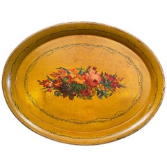 Retro 19th Century French Napoleon III Hand Painted Oval Tole Tray with Floral Motifs