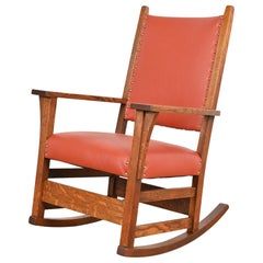 Gustav Stickley Arts & Crafts Oak and Leather Rocking Chair, Fully Restored