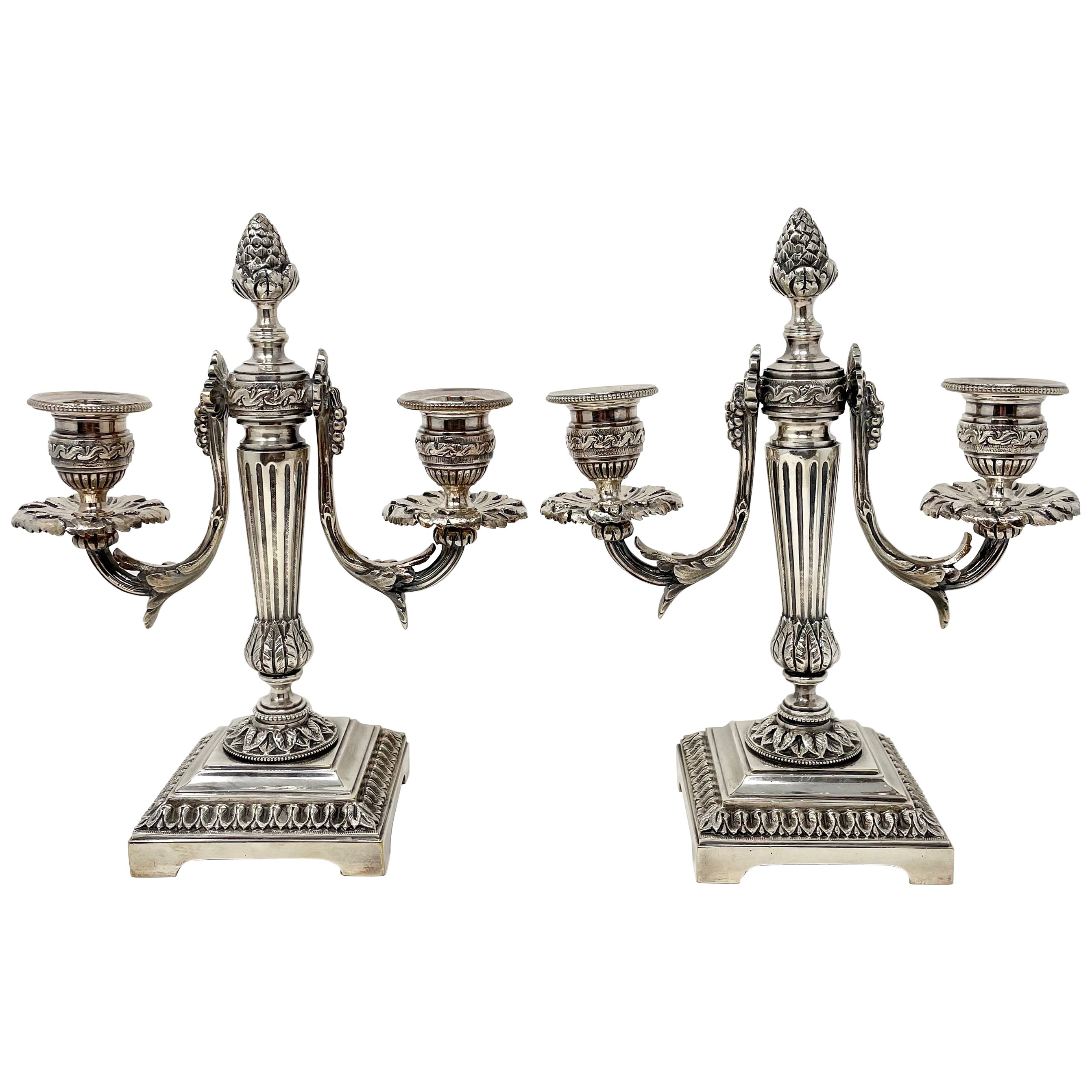 Pair Antique French Neo-Classical Silvered Bronze Candelabra, circa 1890-1900