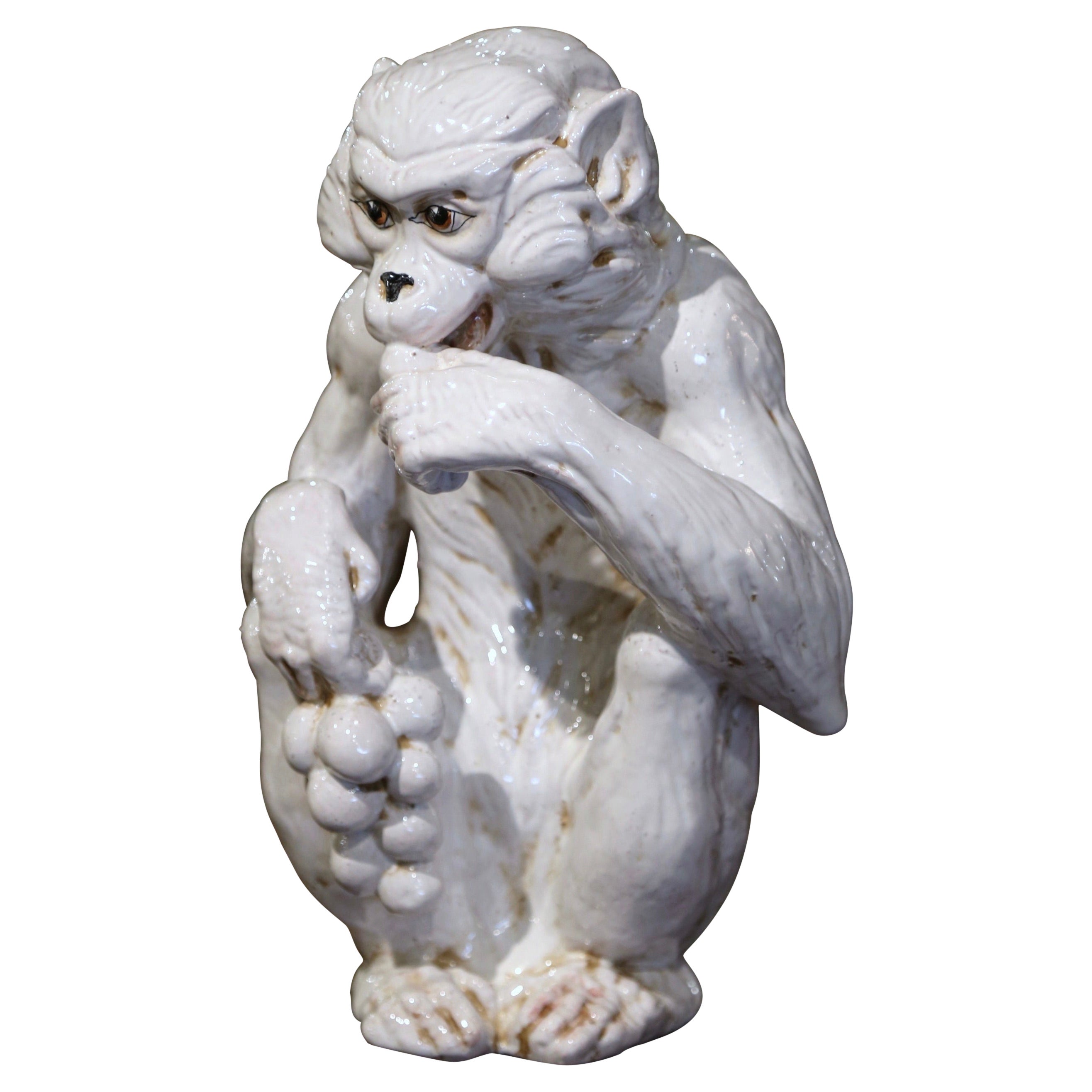 Vintage Italian Ceramic Barbotine Monkey Sculpture Eating Grapes For Sale
