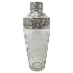 Antique American Sterling Silver & Cut Crystal Cocktail Shaker, Circa 1920's