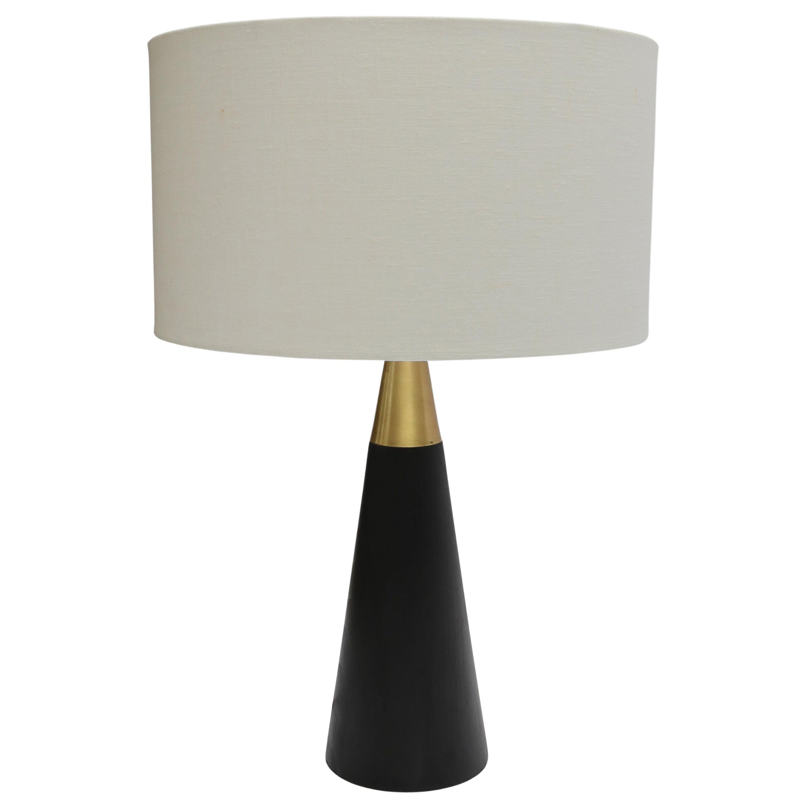 Custom Brass and Black Table Lamp with Ivory Linen Shade by Adesso Imports For Sale