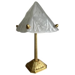 Pure Art Deco Desk / Table Lamp, Glass Shade On A Gilt Bronze Base Signed Degue